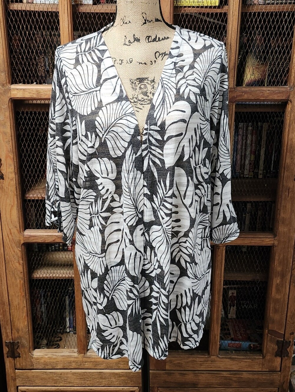 Catherine's Leaf Print 3/4 Sleeve Open Front Cardigan Top Sz 1X